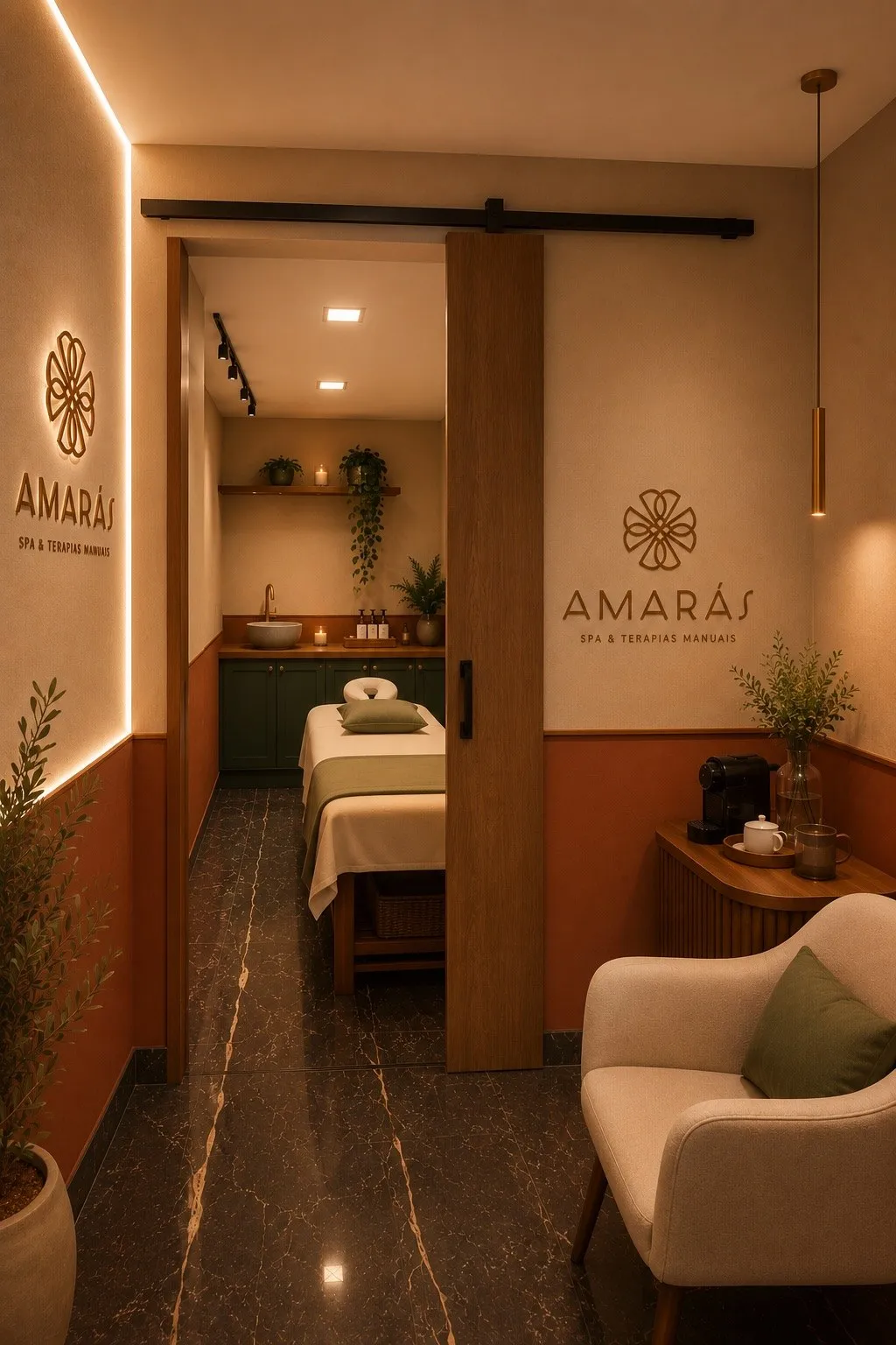 Projeto da Amarás Spa Interlagos: recepção com poltrona e sala de massagem ao fundo